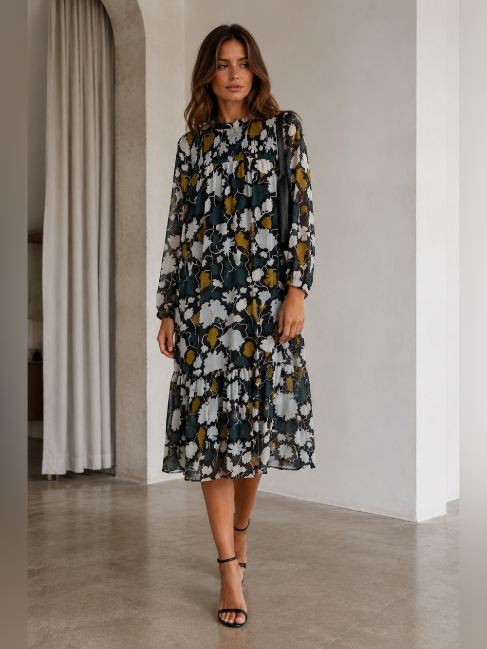 Tom Tailor Pleated Printed Long Sleeve Dress Midi Size 40 Large